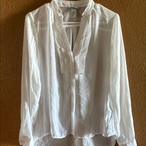H&M White Sheer V-Neck Tie Blouse